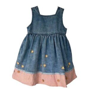 Vintage Baby Gap Blue Jean Sleeveless Dress Floral Appliqué Gingham Trim  6-12M